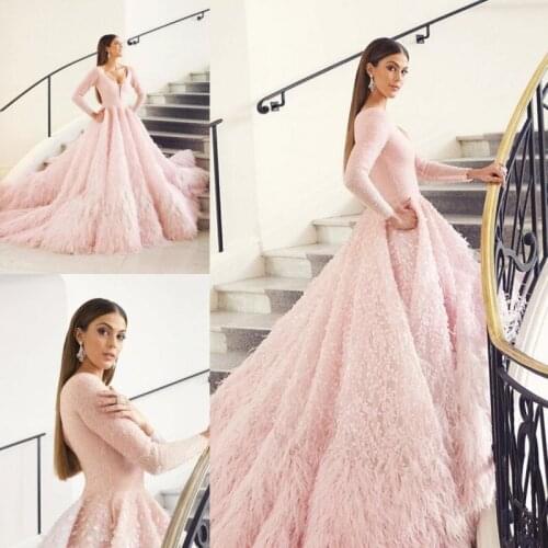 Luxury Pink Prom Dresses 2019 Long Sleeve Ruched Feathers Formal Evening Gowns Scoop Neck Lace Sequined vestidos de gala