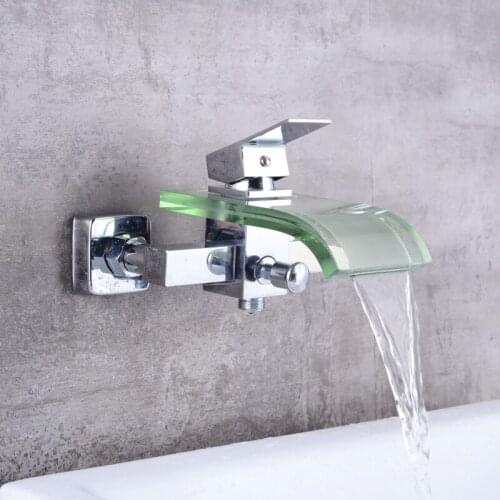 LANGYO Free shipping Modern Glass and Brass Faucet Bathroom Waterfall Bathtub Faucet Basin Tap Wall Mounted LH-8008