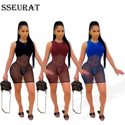 SSEURAT Sexy Mesh Sheer Minin Dress for Women 2021 Summer Clothes Party Night Club Wear Outfits