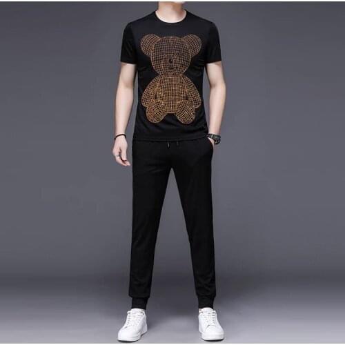 Spring And Summer Customized Cotton T-Shirt + Breathable Trousers High-End Craftsmanship Hot Diamond Animal Series Harajuku Men