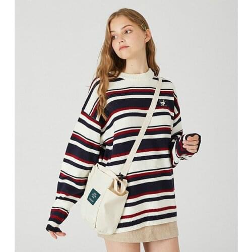 YUPINCIAGA Women Man Literary Korean Style Striped Knitted Sweater Cartoon Duckling Embroidered Couple Sweater Jumper Pullover