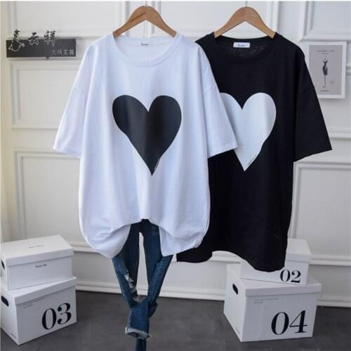 Plus Long Women Cotton Oversized T Shirt 2021 Summer Short Sleeve Crewneck Heart Printed Casual Tees Tunic Top Large Size