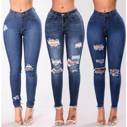 Womens Stretch Skinny Ripped Hole Washed Denim Jeans Female Slim Jeggings High Waist Pencil Pants Trousers