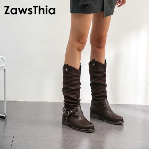 ZawsThia 2020 winter gothic punk cowgirl boots pleated round toe square low heels mid-calf boots for women big size 43 44 45