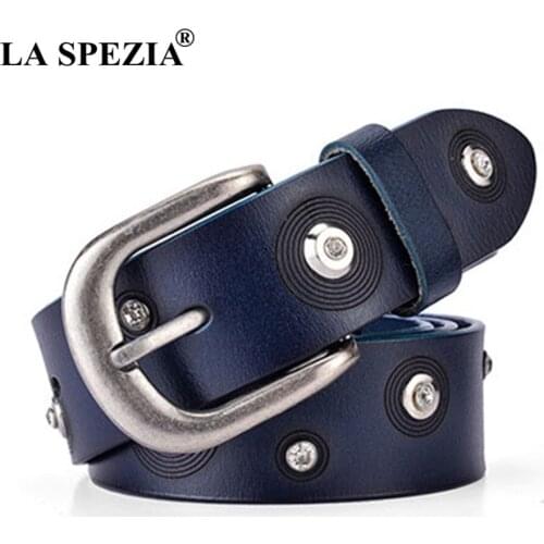 LA SPEZIA Women Rhinestone Belts Fashion Pink Real Leather Belt Female Rivet Decorate Genuine Cow Leather Ladies Pin Belt 110cm