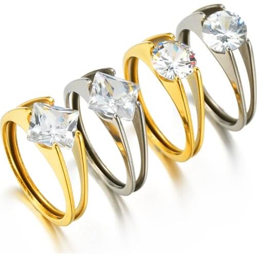 Female Square/Round Clear Crystal CZ Stone Ring Vintage Stainless Steel Women Wedding Rings Fashion Promise Engagement Ring