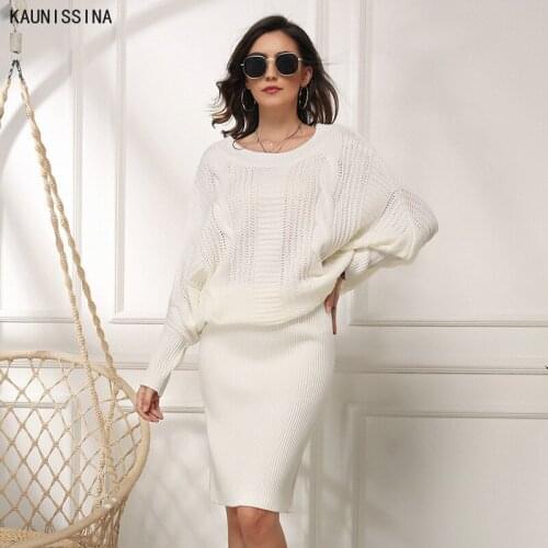 Winter Sweater Dress Women Knitted Short Dress Female Knitwear Full Batwing Sleeve O-Neck Street Style Thick Pullover Sweaters