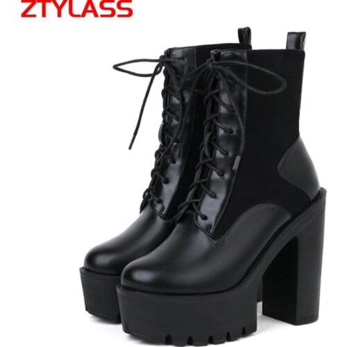 2021 Fashion Lace Up Platform Women Boots Spring Autumn Chunky High Heel Ankle Boots Pu Flock Martin Boots Woman Shoes Size 43