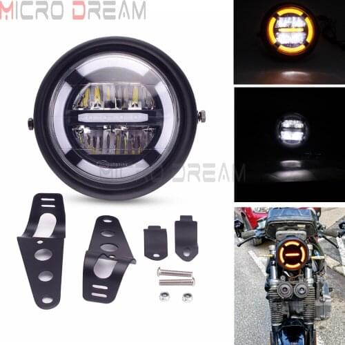 7inch LED White & Amber Headlight Daytime Running Light High/Low Beam DRL Retro Universal Motorcycle Cafe Racer w/ Mount Bracket