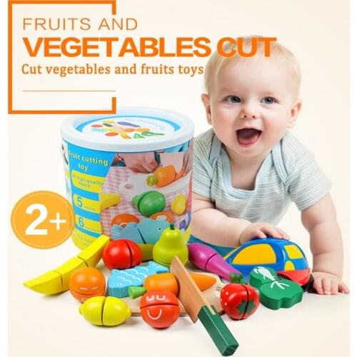 Wooden Montessori Educational Toys Childrens Barreled Fruits Vegetables Cutting Kitchen Food Table Game Pretend Play House Toys