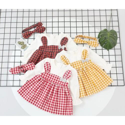 Childrens Clothing 2020 Autumn New Products Girls Plaid Long -sleeved Dress Female Baby Bear Ear Princess Dress Send Hair Hoop