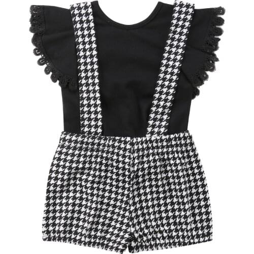 1-4Y Toddler Kids Baby Girls Sleeveless Black Ruffles Tops Plaid Bib Pants Party Outfits Set