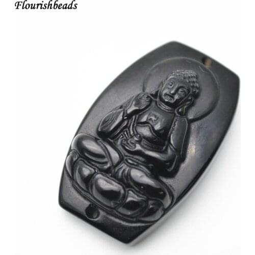 Two Holes Natural Black Obsidian Carved Tathagata Buddha Curved Stone Jewelry Connector fit Bracelets making