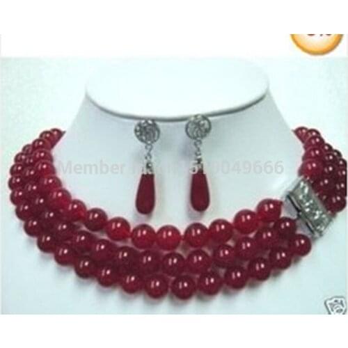 Hot sale Natural 3row 8MM Red jade necklace Earring set