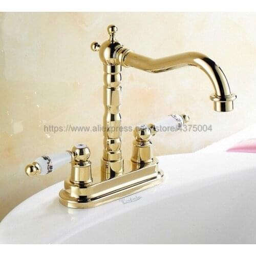 Gold Color Brass Double Handle Bathroom Wash Basin Mixer Taps / 2 Hole Deck Mounted Swivel Spout Vessel Sink Faucets Nnf322