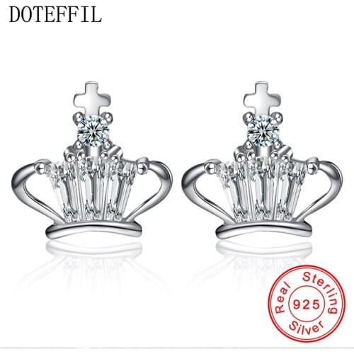 Fashion Jewelry 925 Sterling Silver Crown Earring AAA Clear Crystal Cubic Zircon Women Stud Earrings For Love Gift