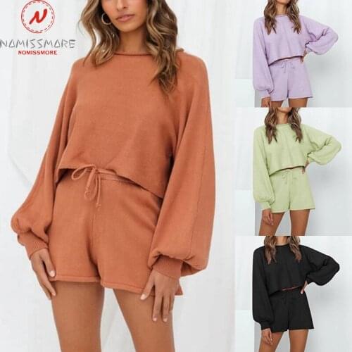 Fashion Women Solid Color 2 Piece Tracksuit Drawstring Design High Waist Slim Shorts+O-Neck Long Lantern Sleeve Casual Loose Top