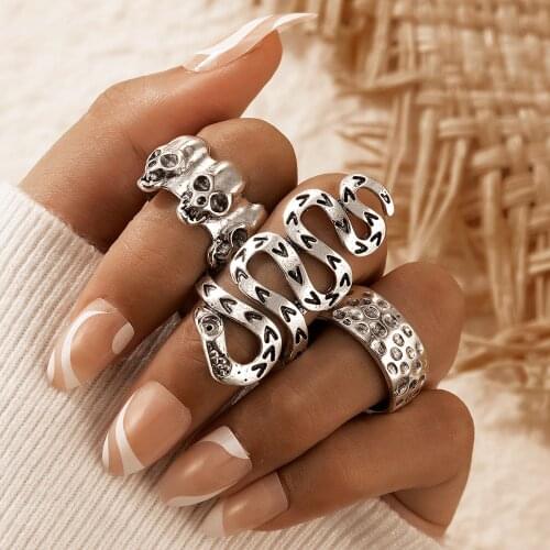 Docona 3pcs/set Gothic Skull Snake Joint Midi Rings for Women Ancient Silver Color Hollow Geometry Ring Set Party Jewelry 19989