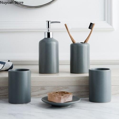 Nordic Minimalist Bathroom Decoration Accessories Gray Ceramic Toothbrush Holder Lotion Bottle Brushing Cup Bathroom Supplies