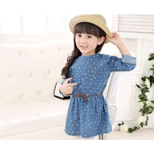 New Arrival Baby Girls Long Sleeve Denim Dresses Girls Stars-print Denim Dress Kids Dress-style Blouses