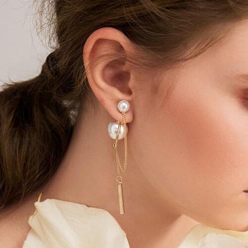 Charming Gold Tone Dangle Earrings For Women 2019 Unique Brief Faux Pearl Chain Drop Earrings Korean Jewelry Earrings