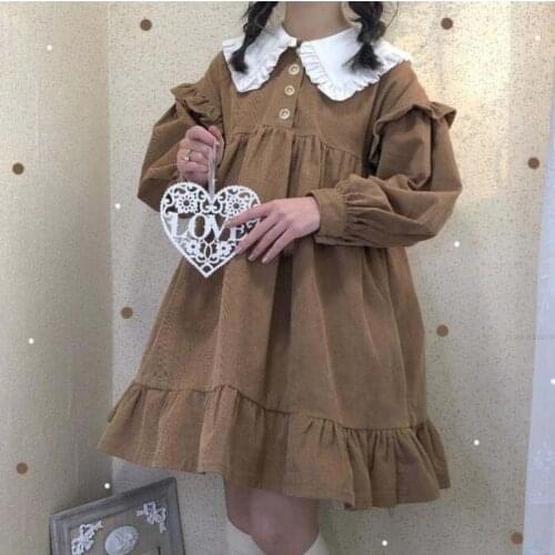 Lolita Dress Autumn Corduroy Sweet Lolita Style Cute Dress Yummy Brown Patchwork Puff Long Sleeve Tea Party Dress