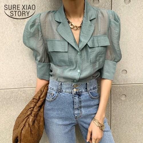 Chic Puff Sleeve Women Shirt 2021 Summer Loose Shirt Perspective Women Tops Korean Fashion OL Style Pockets Thin Blouse 14945