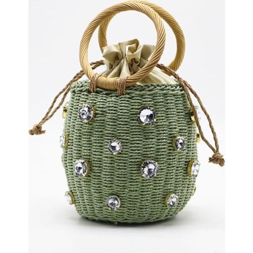 Designer handbags handmade straw woven rhinestone crystal embellished straw woven bag rattan bucket bag ladies travel handbag