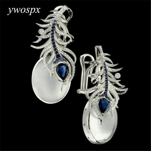 YWOSPX Vintage Silver Color Feather White Moonstone Stud Earrings for Women Jewelry Wedding Engagement Earring Brincos Gift