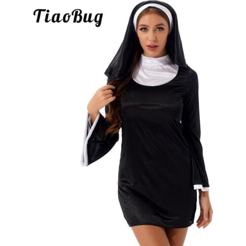 Plus Size Naughty Nun Costume Women Adults Sexy Halloween Roleplay Outfit Mini Dress with Nun Headscarf