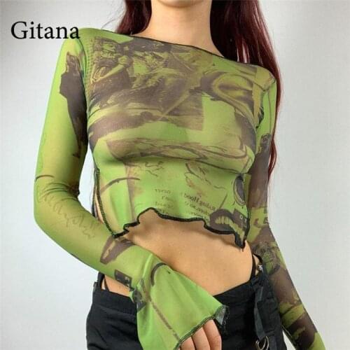 Gitana 2021 Vintage Print Mesh Flare Sleeve Crop Top Women Side Slit See Through Casual T-Shirts Y2K Streetwear Autumn Tops