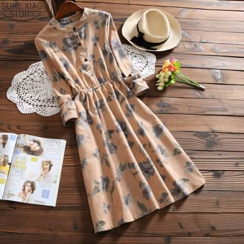Vintage 2021 New Floral Spring Autumn Women Long Sleeve Corduroy Dress Knee Length Printed Dresses Womens Vestidos Femme 7426 50