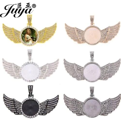 6PCS Angel Wings Pendant Base 30mm Circle Cabochon Blank Tray Diamond Rhinestone Charms For DIY Jewelry Making Accessories