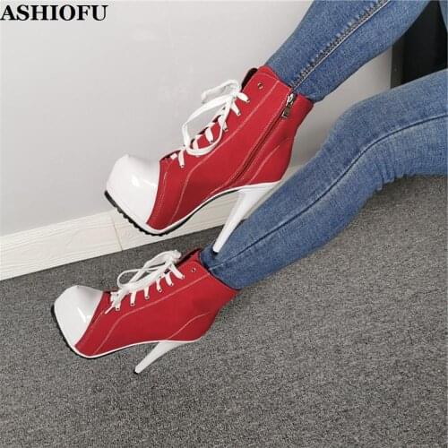 ASHIOFU Handmade Women High Heel Boots Cross-shoelace Platform Sport-style Ankle Booties Daily Wear Fashion Short Boots Shoes