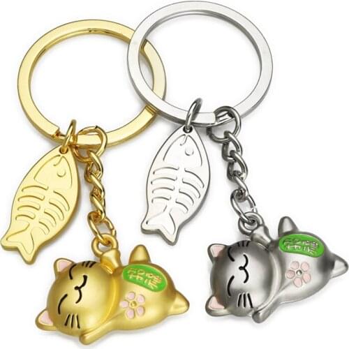 FREE SHIPPING BY DHL 100pcs/lot New Cute Metal Cat and Fish Keychains Lovely Lucky Cat Keyrings Key Holders for New Year Gifts