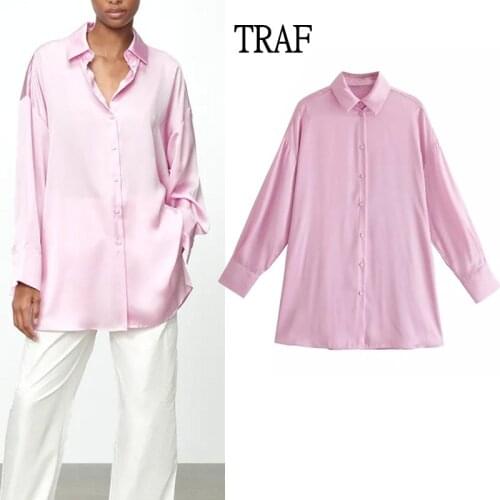 TRAF Za Top Women Satin Blouse Autumn Long Sleeve Pink Shirts Oversized Blouses Vintage Office Ladies Top Female Loose Blusas