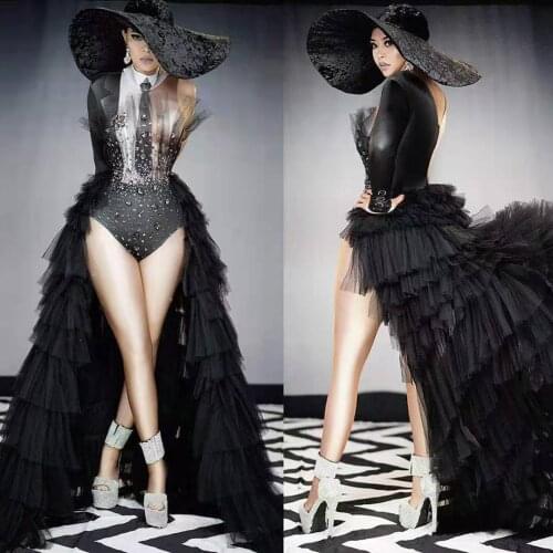 Vintage Black Suit Pattern Rhinestone Bodysuit With Trailing Dress Women Evening Party Costumes Sexy Singer Dancer Stage Outfits