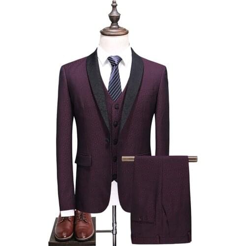 Brand Men Suit 2021 Wedding Suits for Men Shawl Collar Slim Fit Burgundy Suit Mens Red Tuxedo Jacket+Pants+Vest