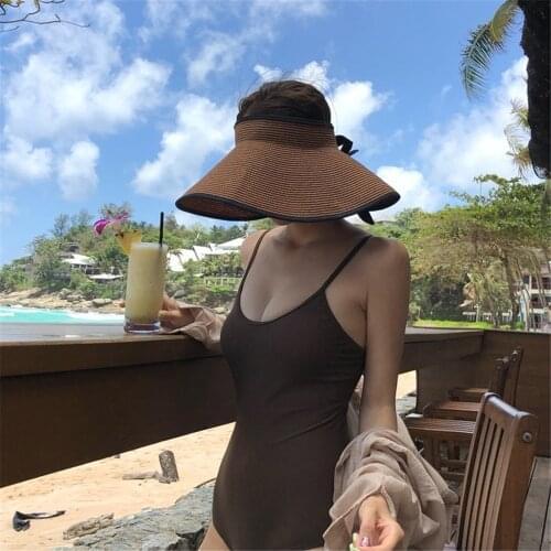 Korea Style One Piece Swimsuit Women Solid Swimwear Open Back Monokini Push Up Swim Suit Pad Trikini Brown Bathing Suit High Cut