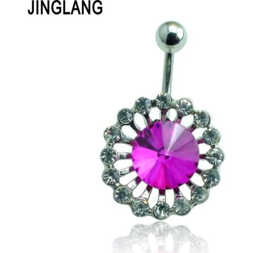 JINGLANG Belly Button Rings 316L Stainless Steel Barbell Rhinestone Pierced Sunflower Navel Body Piercing Jewelry
