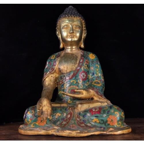 12"Chinese temple collection Old Bronze Cloisonne Enamel Sakyamuni Buddha statue Amitabha Ornaments Town House Exorcism