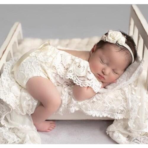 2 Pcs Newborn Photography Props Lace Headband Romper Kit Infants Photo Shooting Clothing Outfits Baby Headdress Bodysuit Set