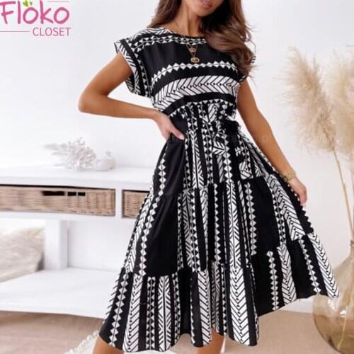 Flokoclsoet Summer Short Sleeve Print Tie-Up Midi Dress Casual O-Neck Womens Formal Dresses