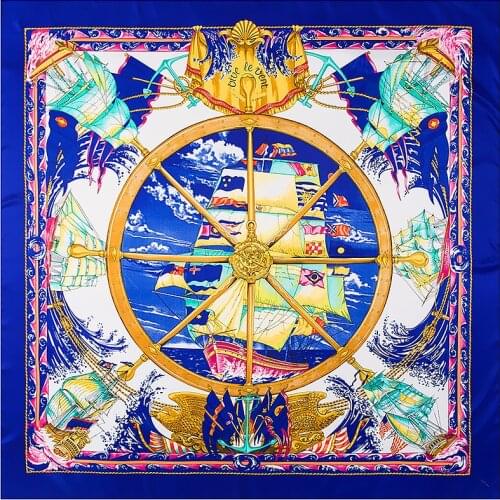 Fashion Twill Silk Women Scarf 130*130 Euro HNA Sailboat Print Square Scarves Wraps Brand Quality Gift Large Silk Shawls