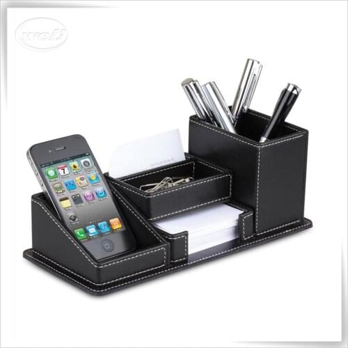 Desktop leather texture box office pencil holder note paper paperclip organizer