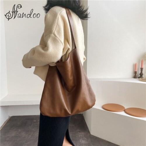 New 2021 Vintage Soft Stray Shoulder Bags For Women Simple Large Capacity Tote Female Shopper Bags PU Leather Work Lady Handbags