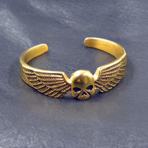 New hip hop Silver Golden color Biker Skull Bangle 316L Stainless Steel Cool Man Boy Angel Wing Skull Bracelet Rock Jewelry