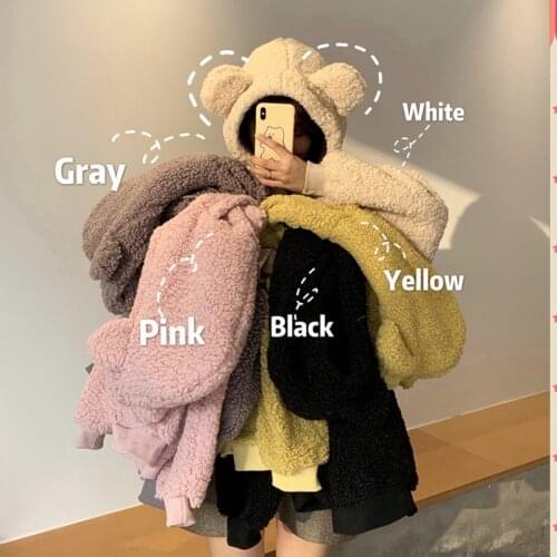Autumn And Winter Kawaii Hoodies Women Sweatshirt Oversized Cute Bear Ear Cap Warm Pullover Long Sleeve Soft Fleece Lamb Coats