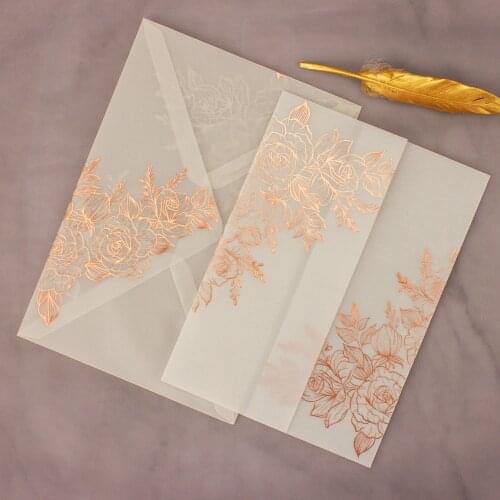 1set Vellum Wedding Invitation Cards Rose Gold Foil Bridal Shower Invite with Envelopes marriage gilding gold stamping Blue Foil