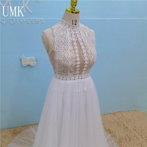 UMK Vintage High Neck Sleeveless Boho Wedding Dress 2021 Chic Tassel Lace Tulle Beach Bridal Gowns